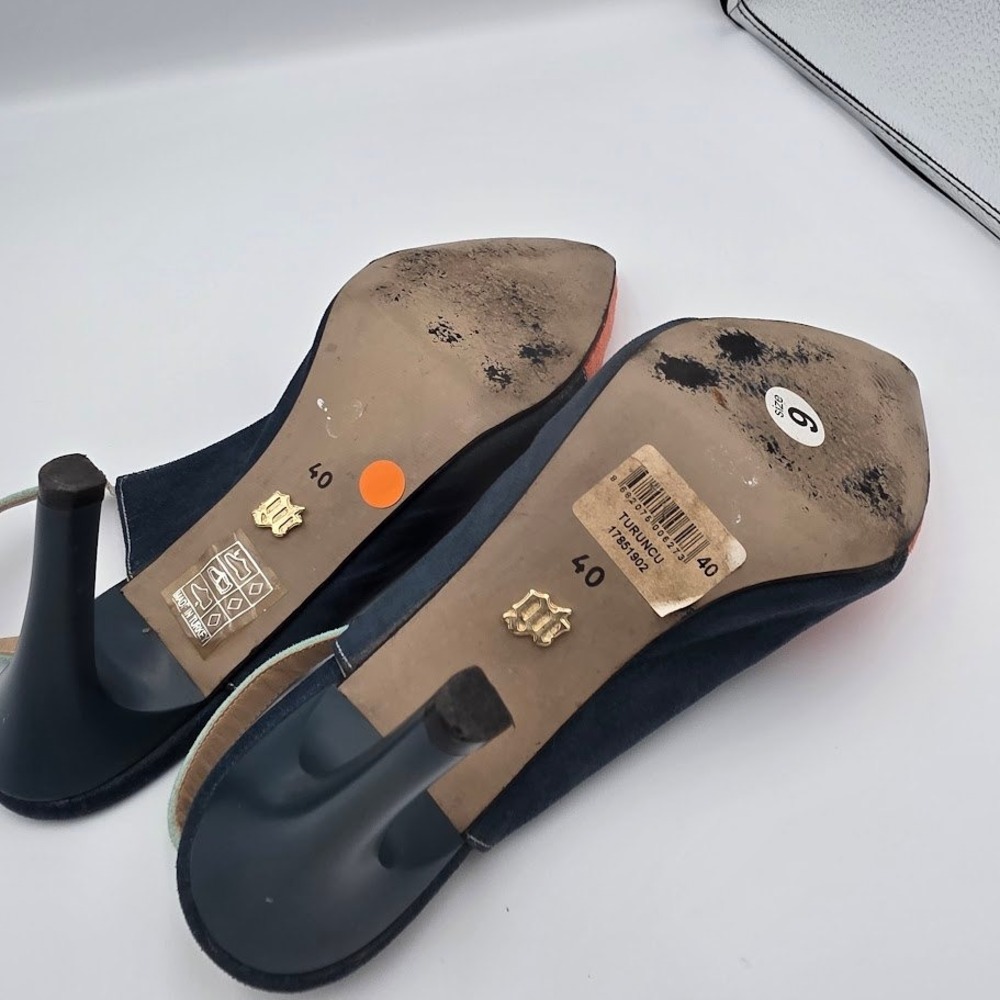 Womens‎ Slingback Heels Orange Navy Mint Green Suede Pointed Toe Size 40 - Picture 5 of 5